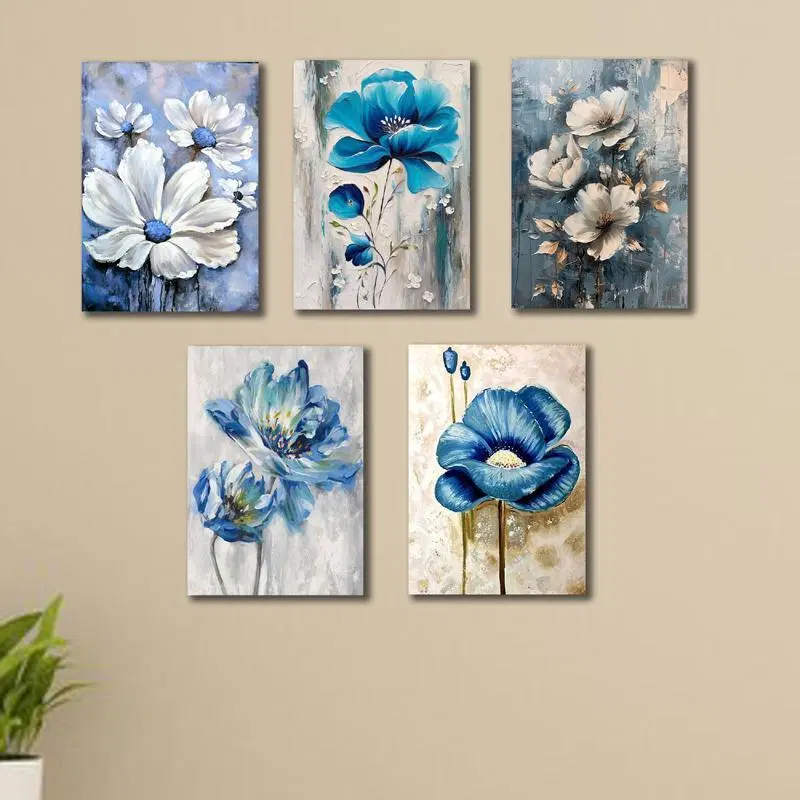Set Of 5 Blue Flowers Wall Art Wooden Frames - Dost Mart